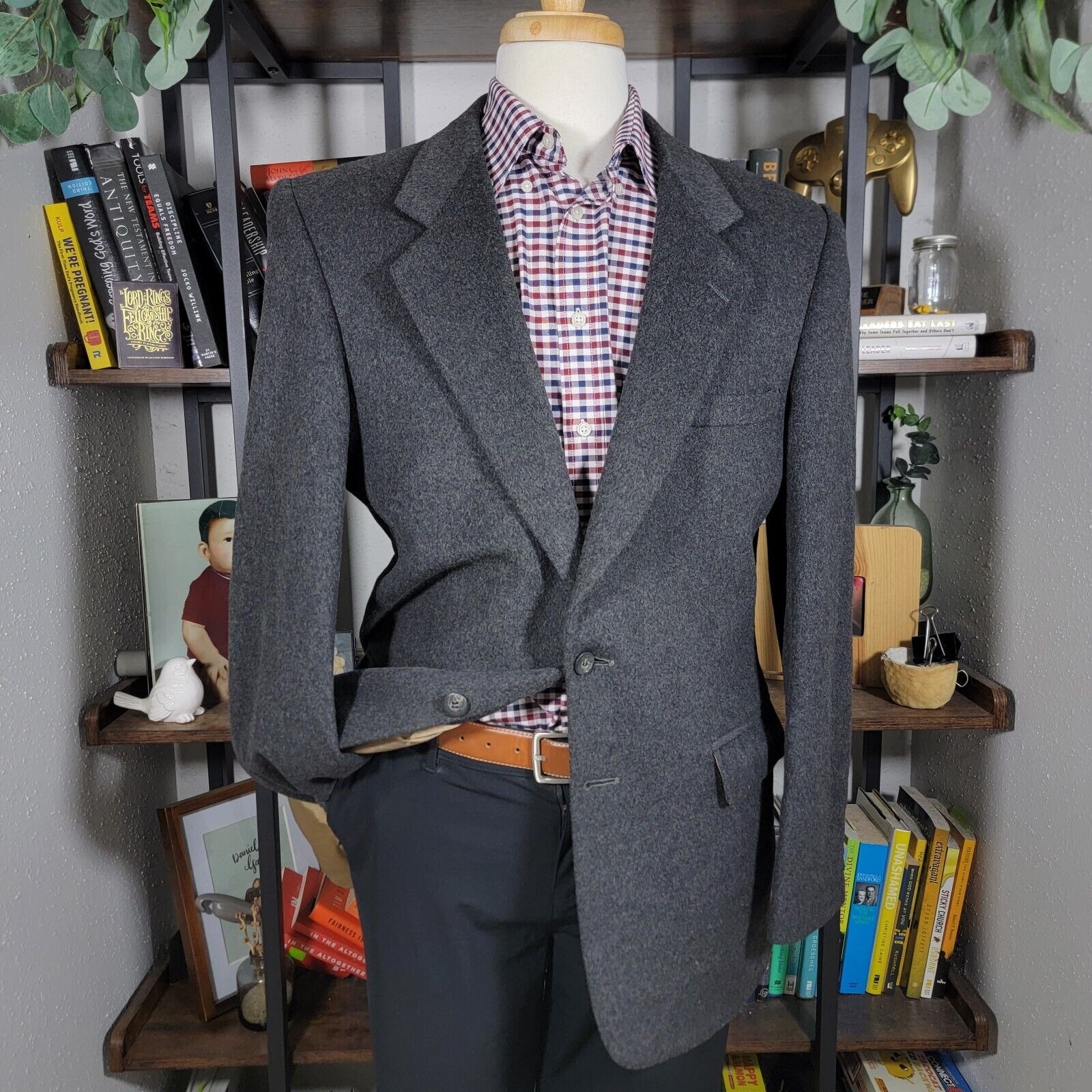 Vtg Trotters Club Men's Flannel Sport Coat Blazer Two Button Charcoal Size 42l